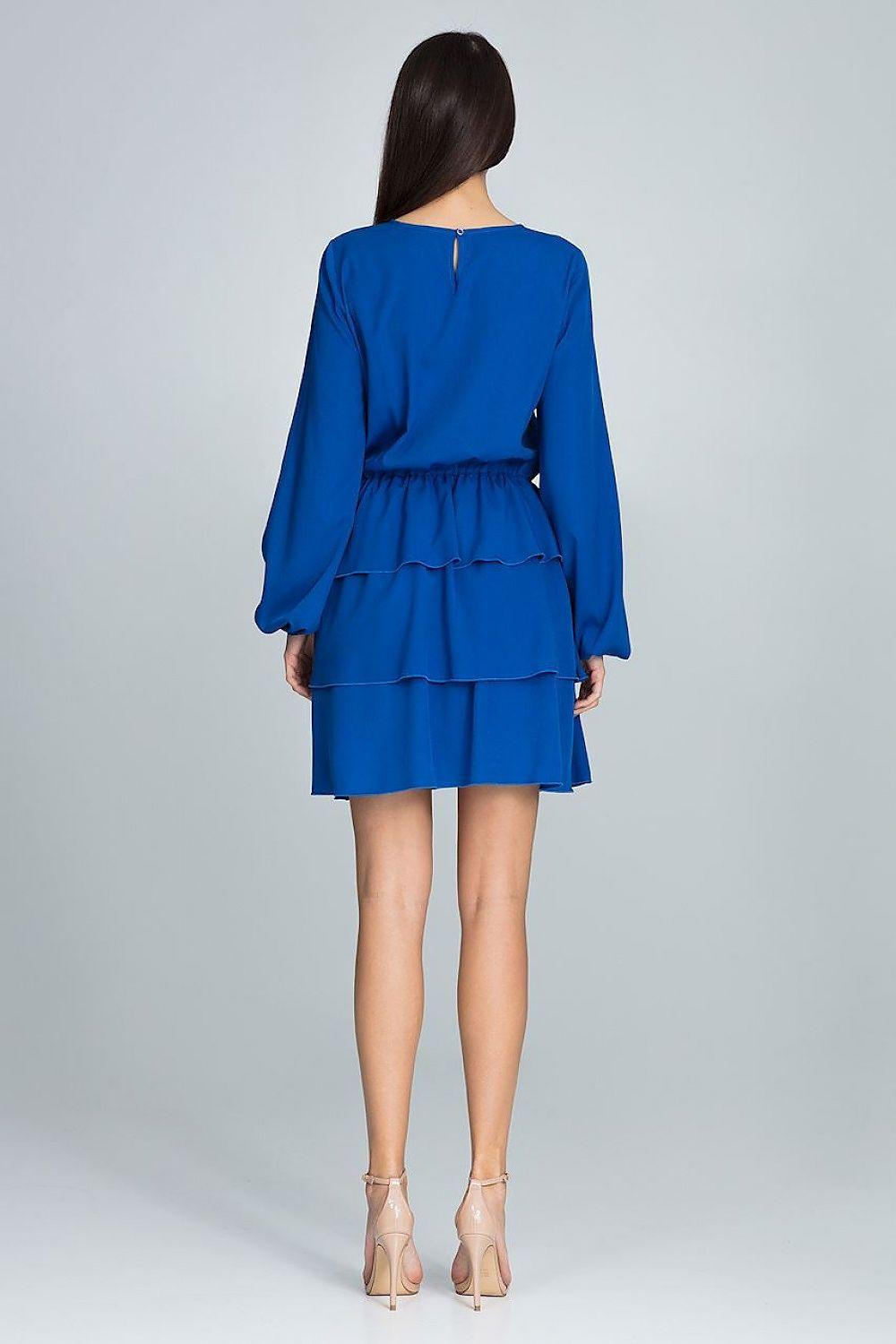 Figl blue daydress back view with keyhole slit and tiered ruffle hem
