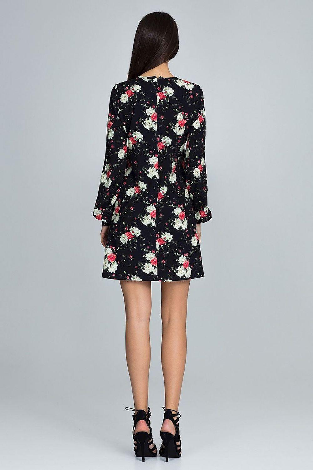 Floral daydress back, black with long sleeves and short skirt