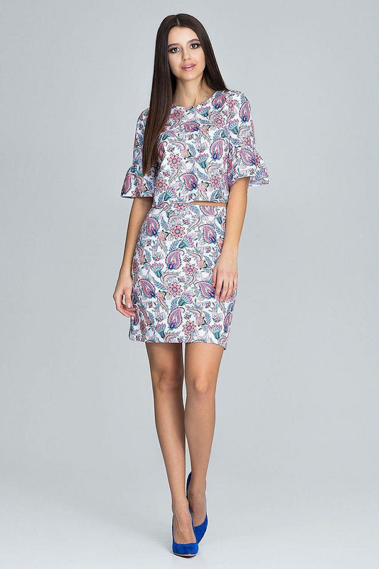 Figl model 116355 floral mini dress set, wide round neckline, flutter sleeves