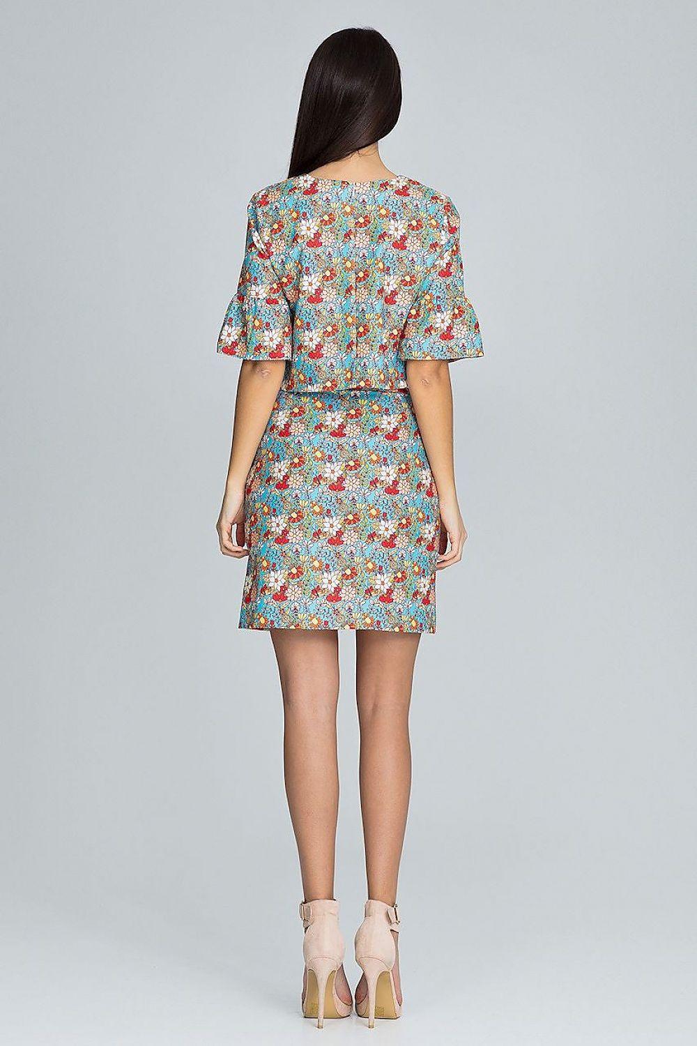 Figl model 116355 floral mini dress set, back view, teal floral print, ruffled sleeves