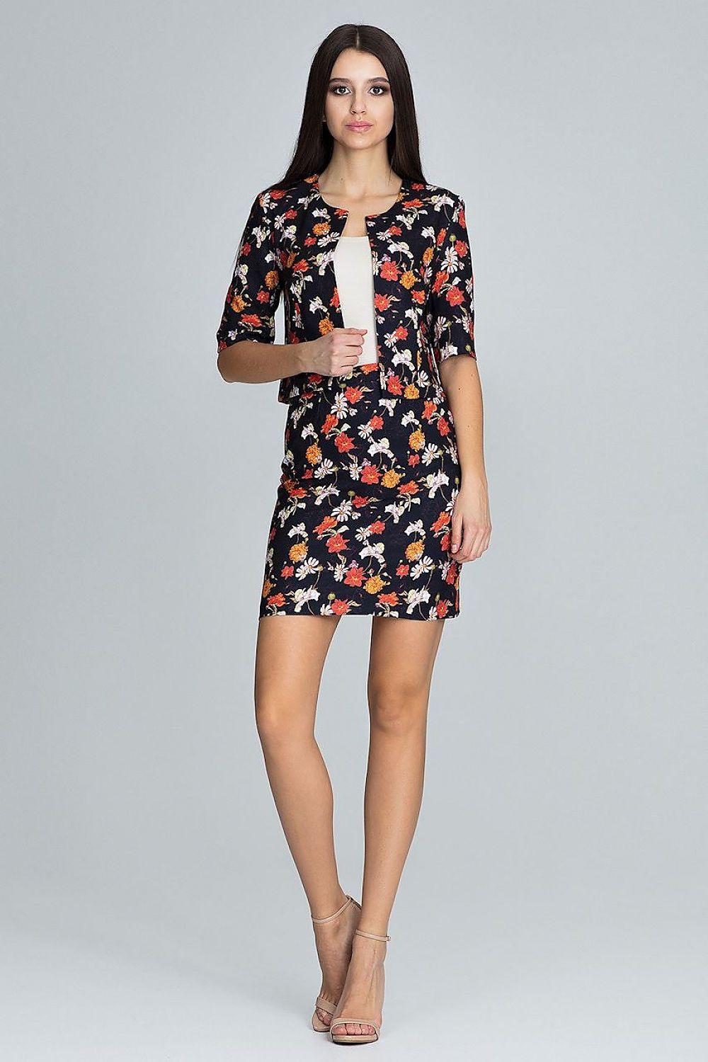 Floral skirt and jacket set with black base, cropped jacket, matching short skirt