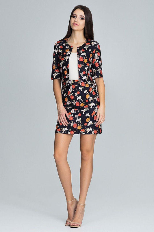 Black floral two-piece set with open short-sleeve jacket over mini dress