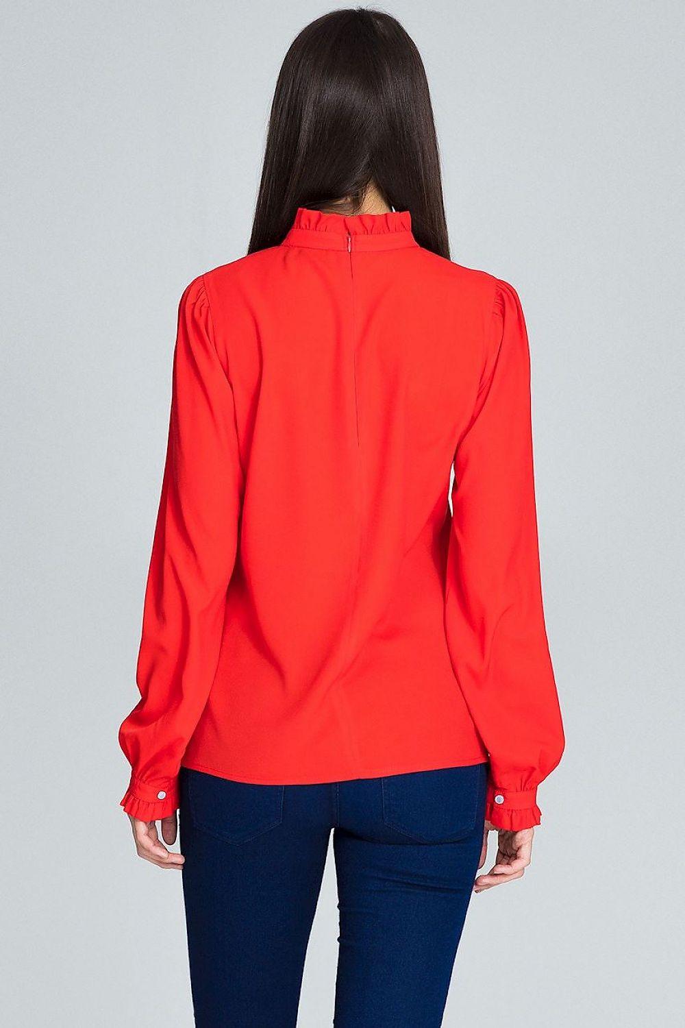 Red long-sleeve blouse with high neck and gathered cuffs (back view)