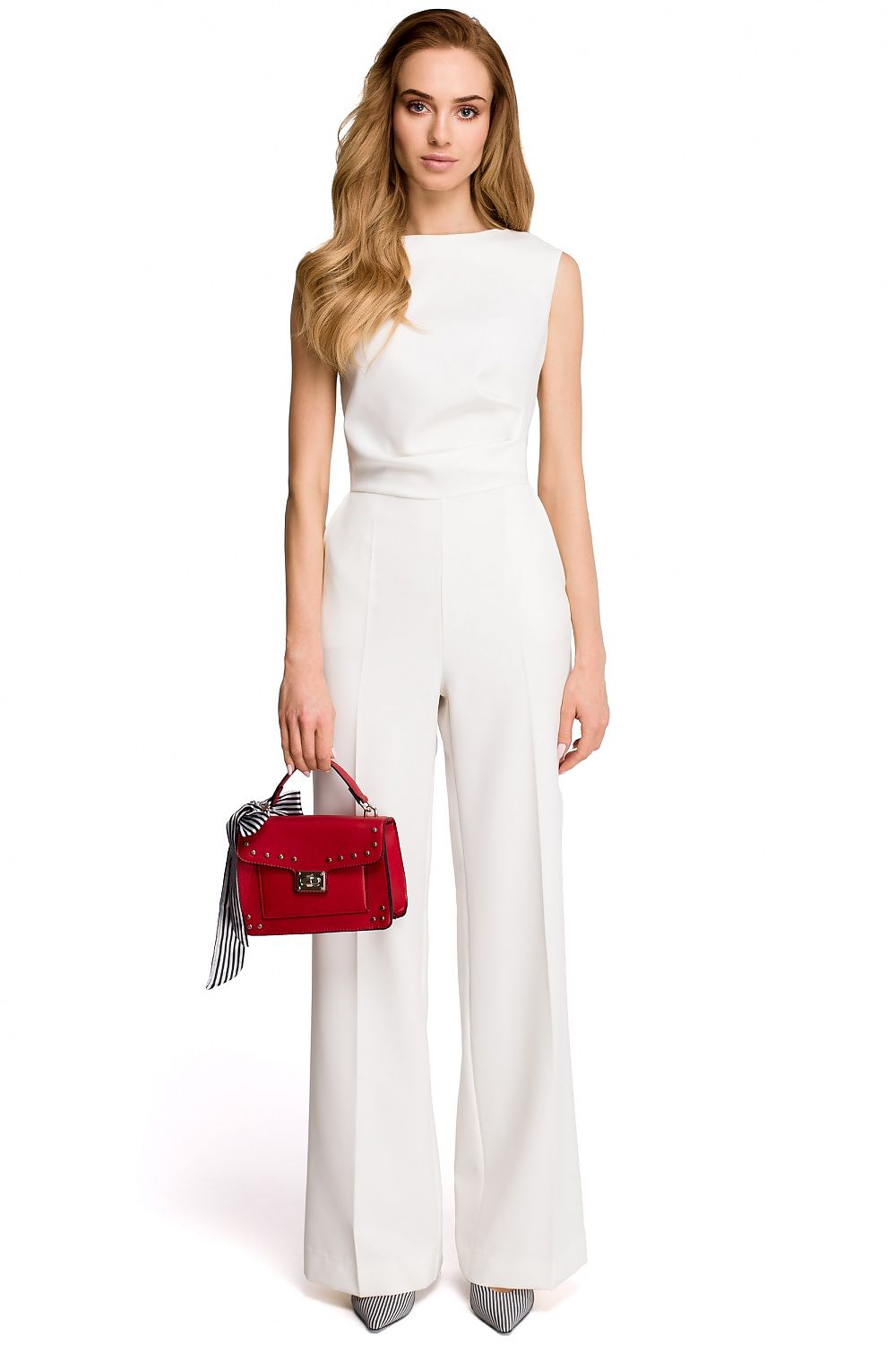 Light sleeveless jumpsuit with draped top and wide legs
