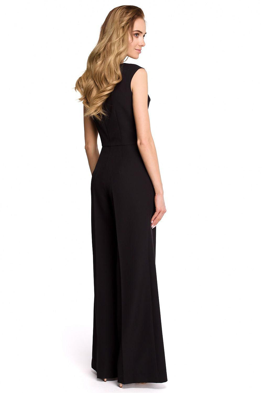 Black sleeveless jumpsuit with scoop back and wide-leg trousers