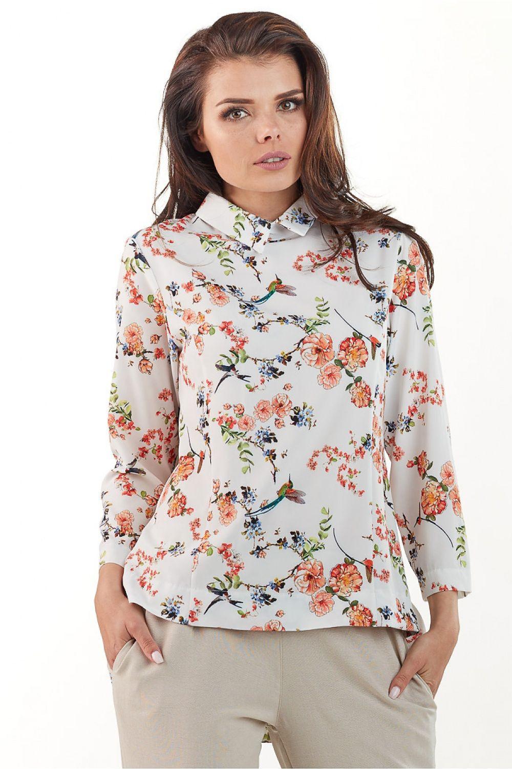 Floral print shirt with long sleeves and mock neck, light base with bird and flower motifs
