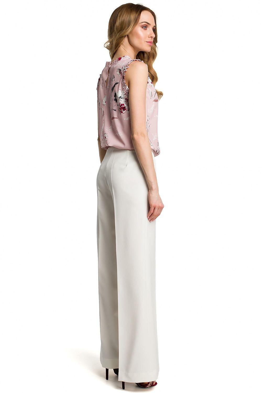 Women's white wide-leg trousers, back view, high-rise waist and long wide legs