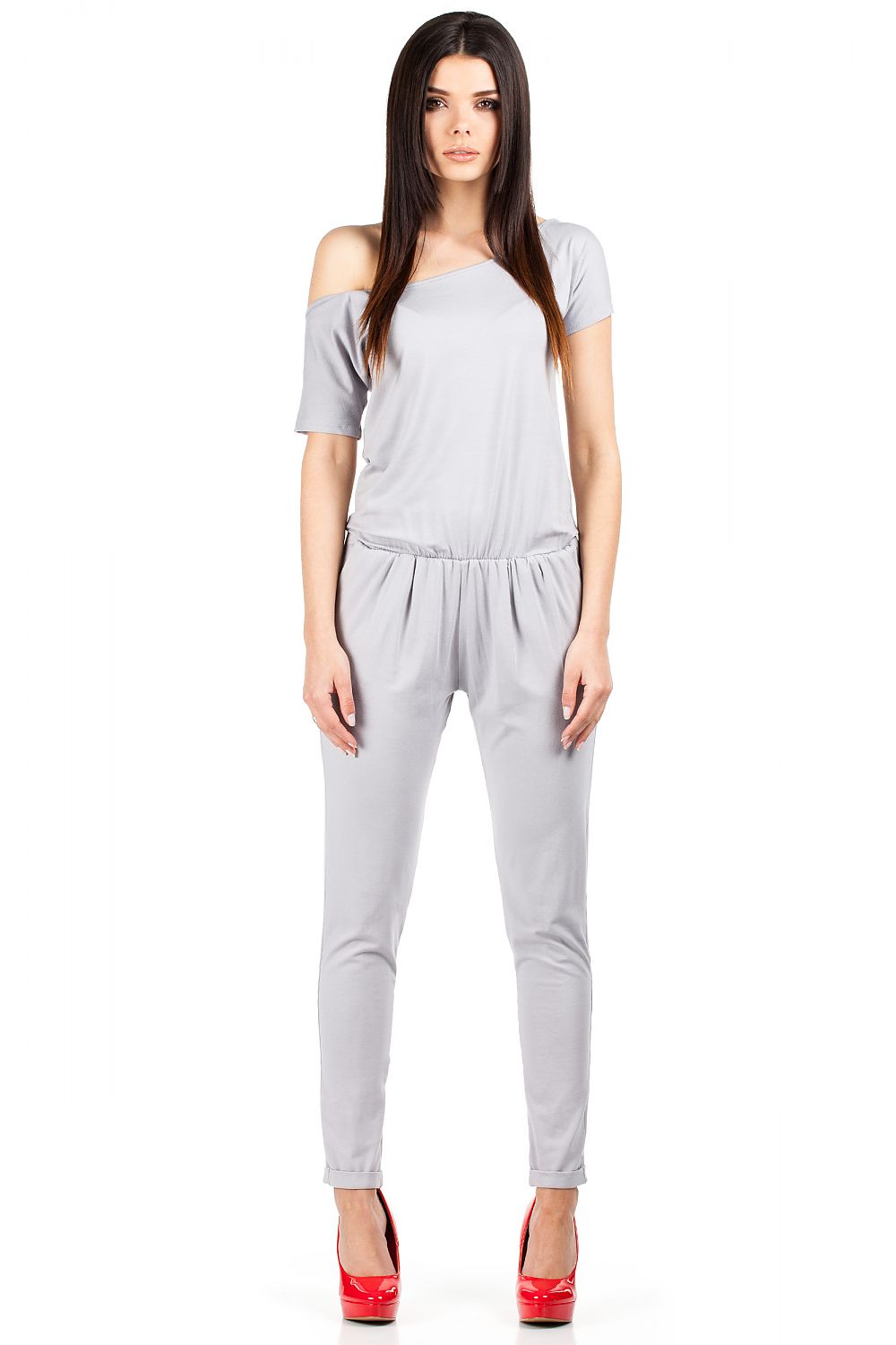 Grey jumpsuit with elastic waist, tapered legs, short sleeves, scoop neckline
