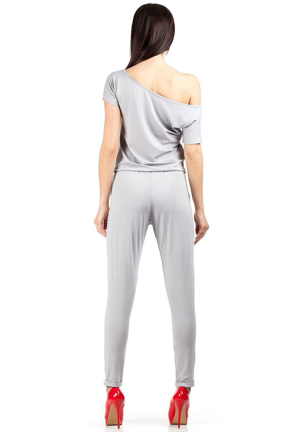 Light grey off-shoulder jumpsuit with open back, elastic waist, tapered pants