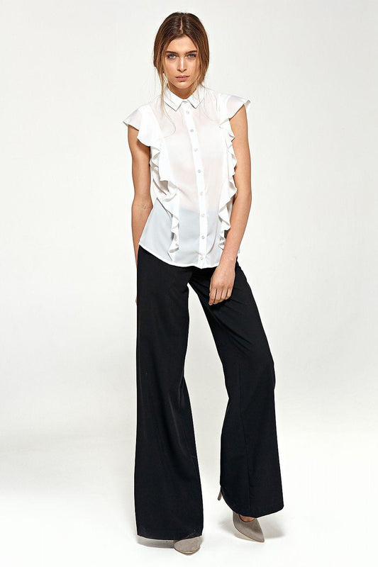 Nife sleeveless button-up shirt with ruffled collar, white, front view