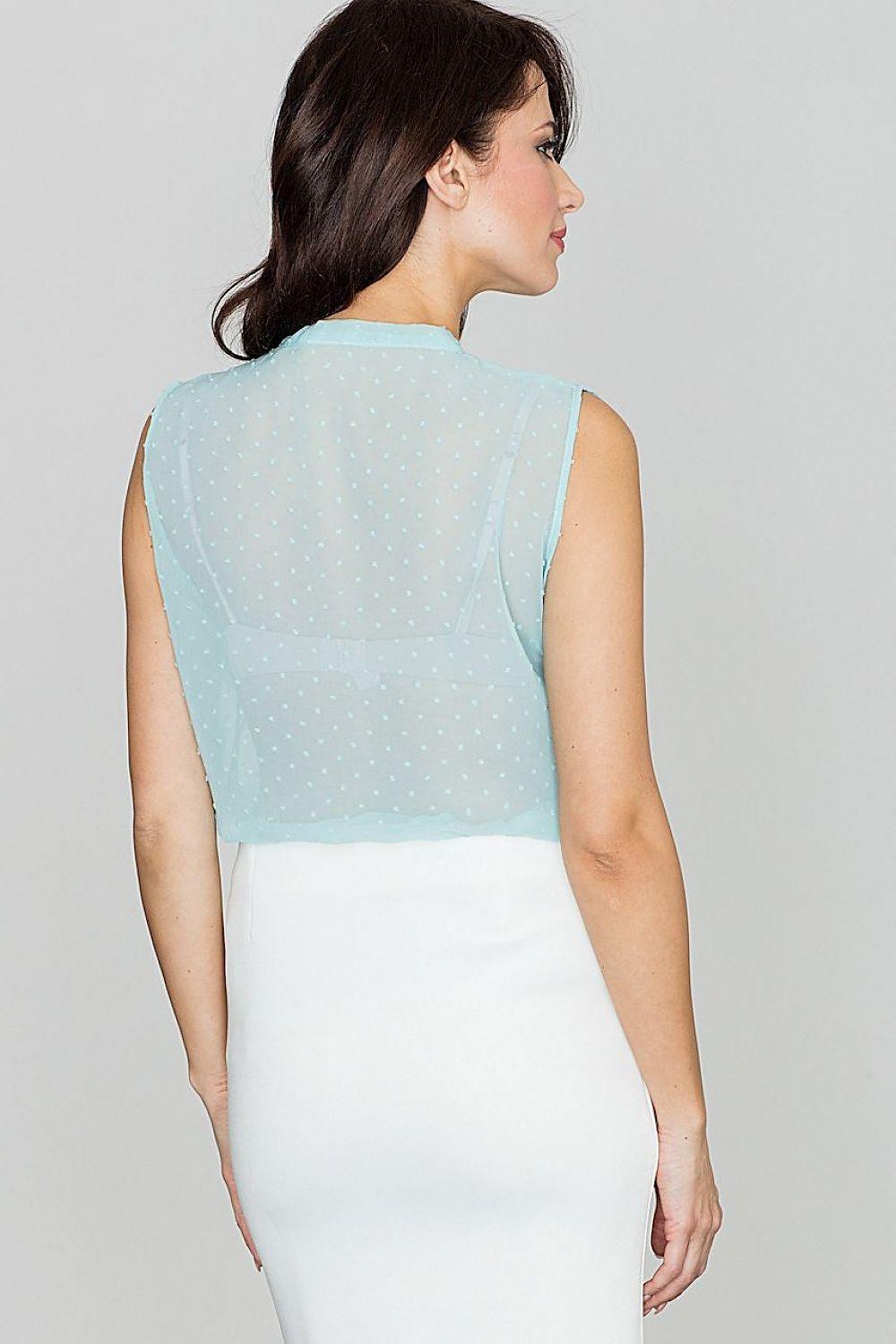 Lenitif sleeveless blouse back, sheer dotted yoke and waist tie, light blue