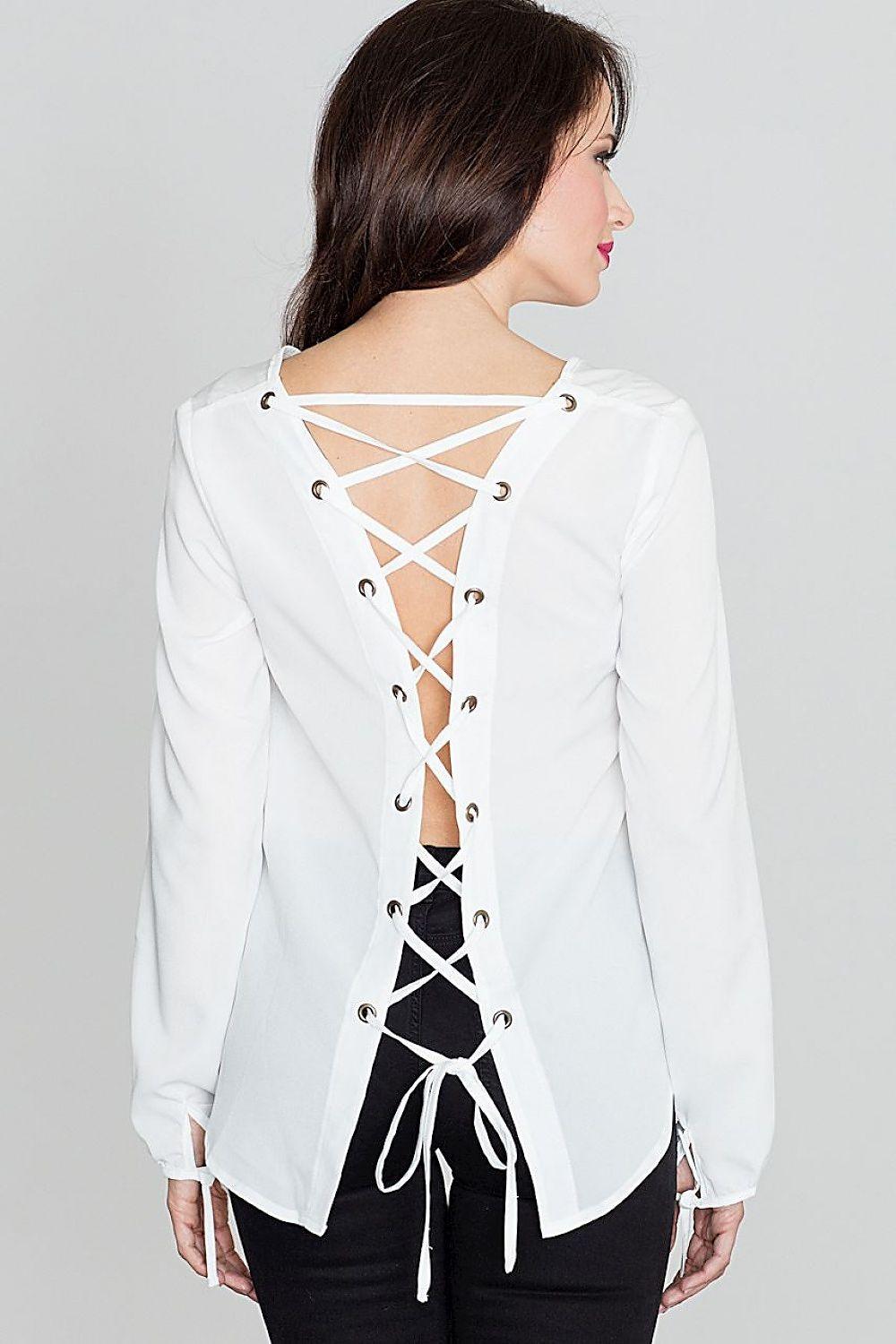 White blouse back with crisscross lace-up detail and grommets