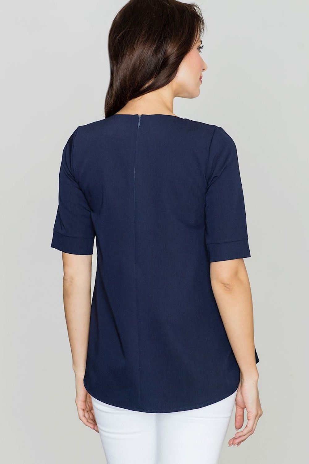 Navy oversize pleated A-line blouse back view, short sleeves