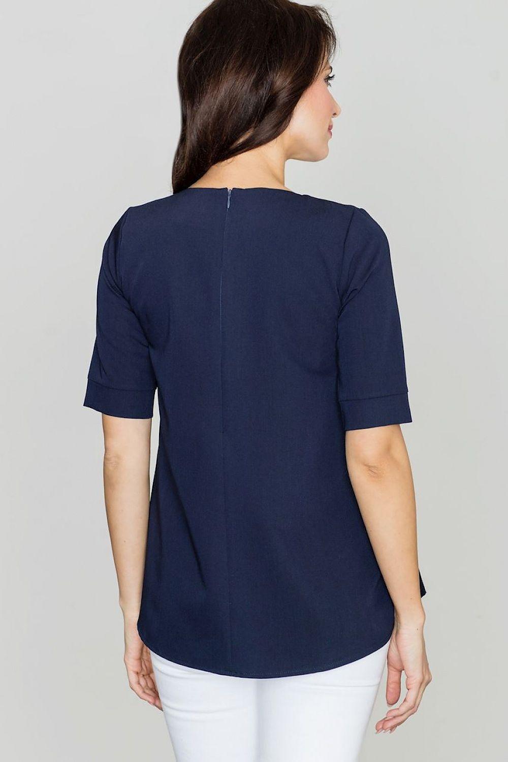 Lenitif oversize pleated A-line blouse, navy blue, back view with short sleeves