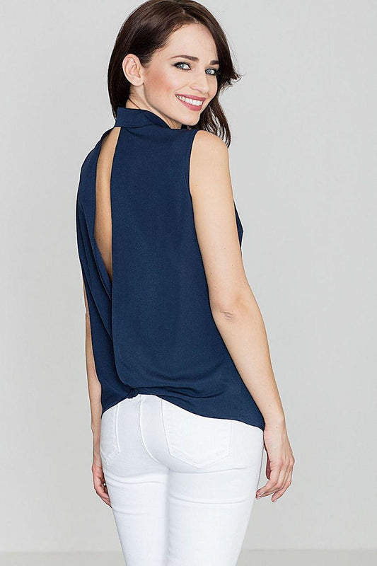 Lenitif sleeveless shirt model 119277 in navy blue, side view and collar.