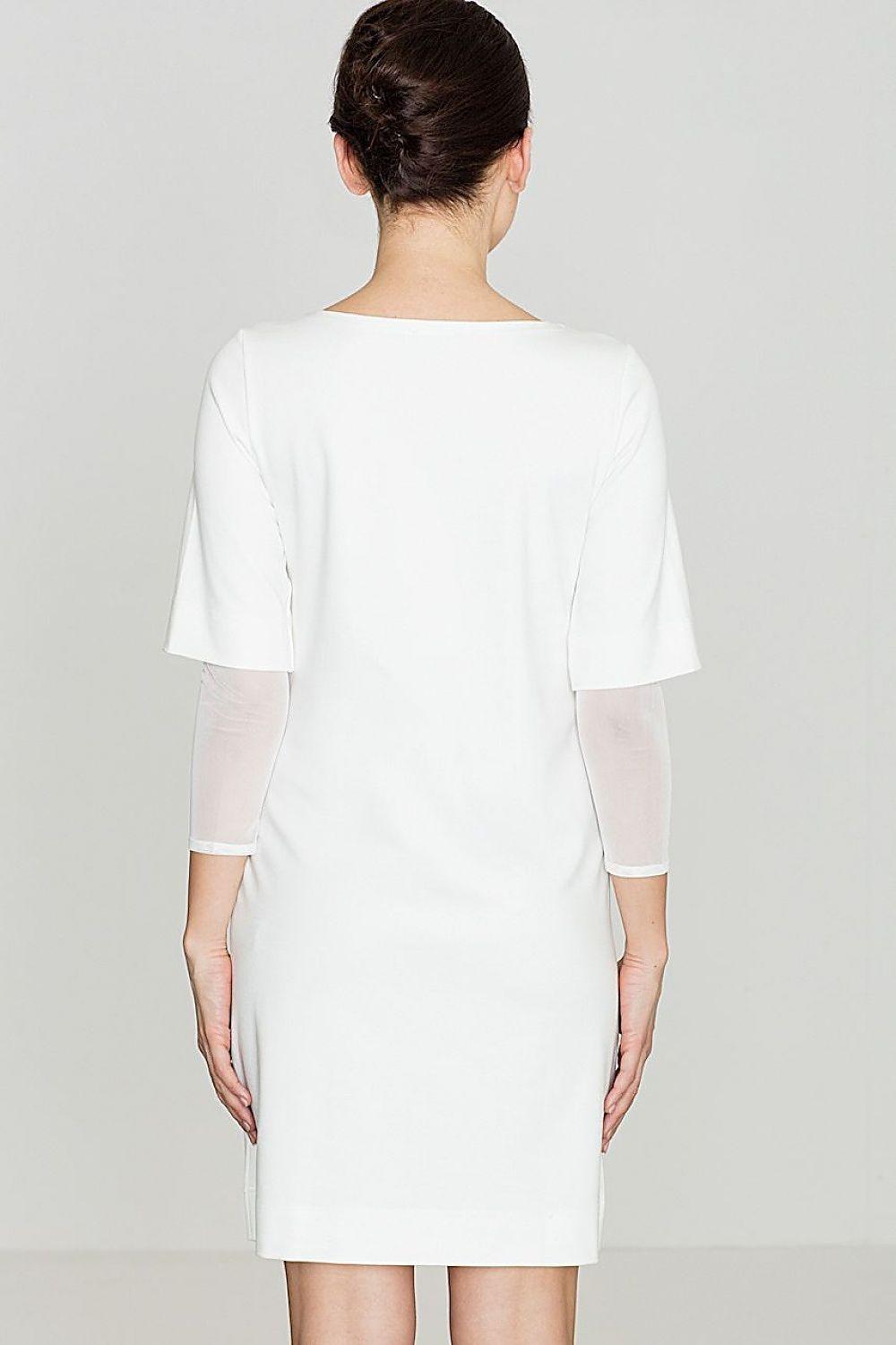 White evening dress with back view, 3/4 sleeves and straight hem