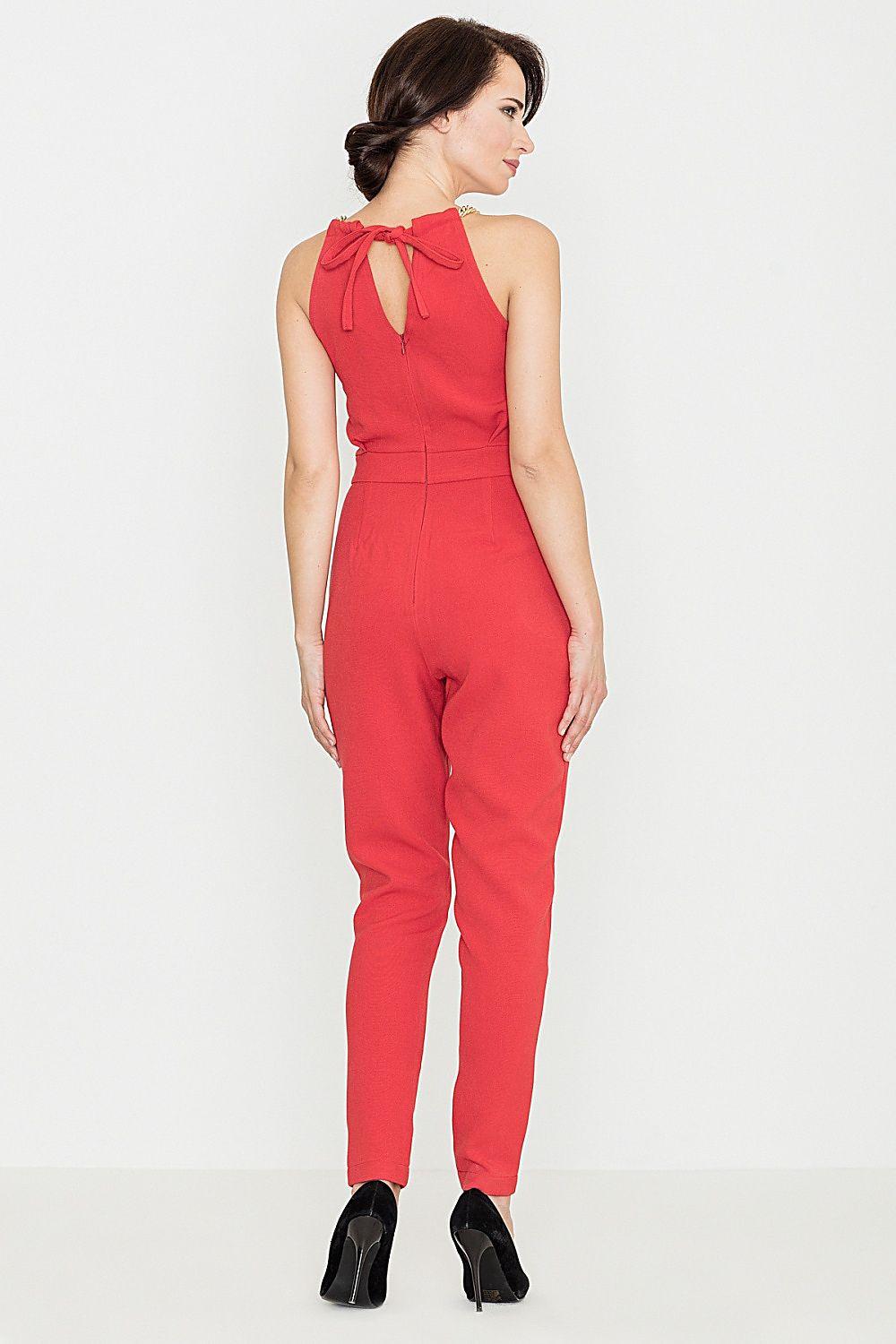 Lenitif sleeveless red jumpsuit with open crisscross back and tapered legs