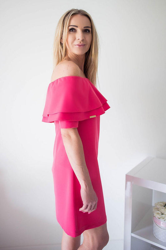 Pink off-shoulder cocktail dress with double ruffle trim and fitted pencil shape