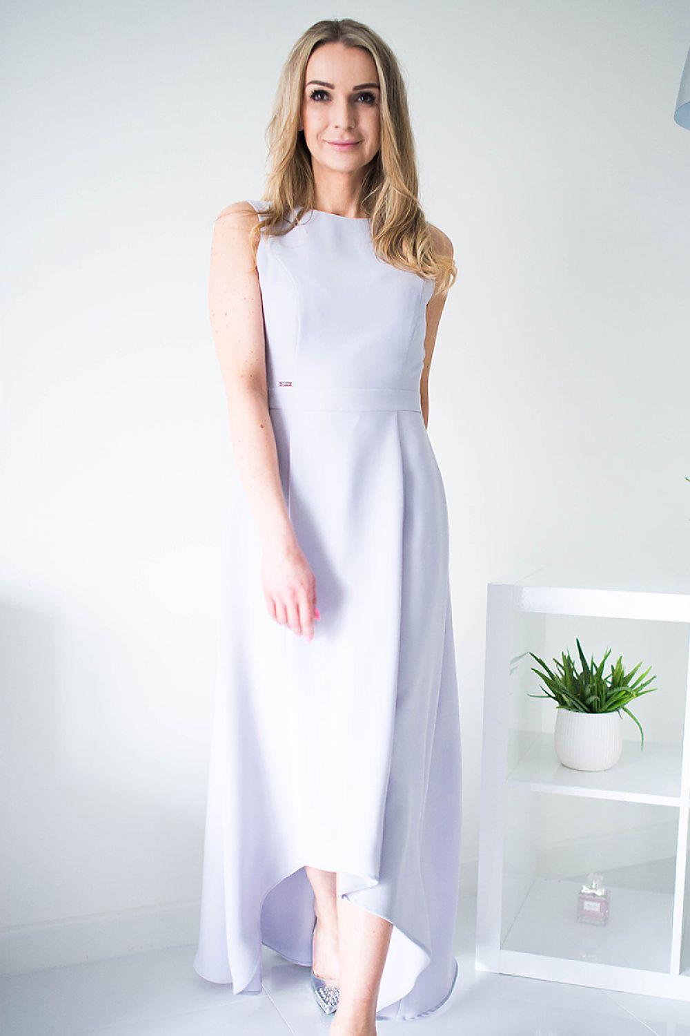 Sleeveless light blue cocktail dress with fitted bodice and asymmetrical midi hem