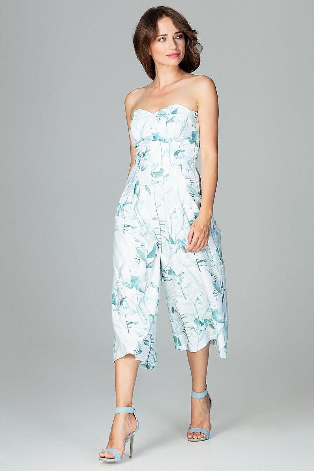 Lenitif midi sundress with white and teal leaf print, strapless neckline, gathered skirt