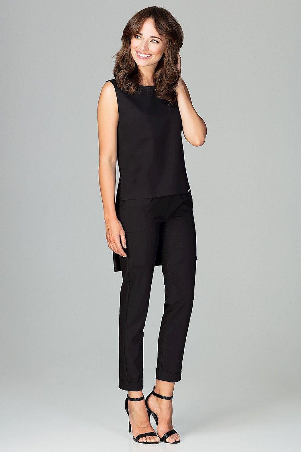 Black sleeveless top and ankle pants set with side slit and tapered legs