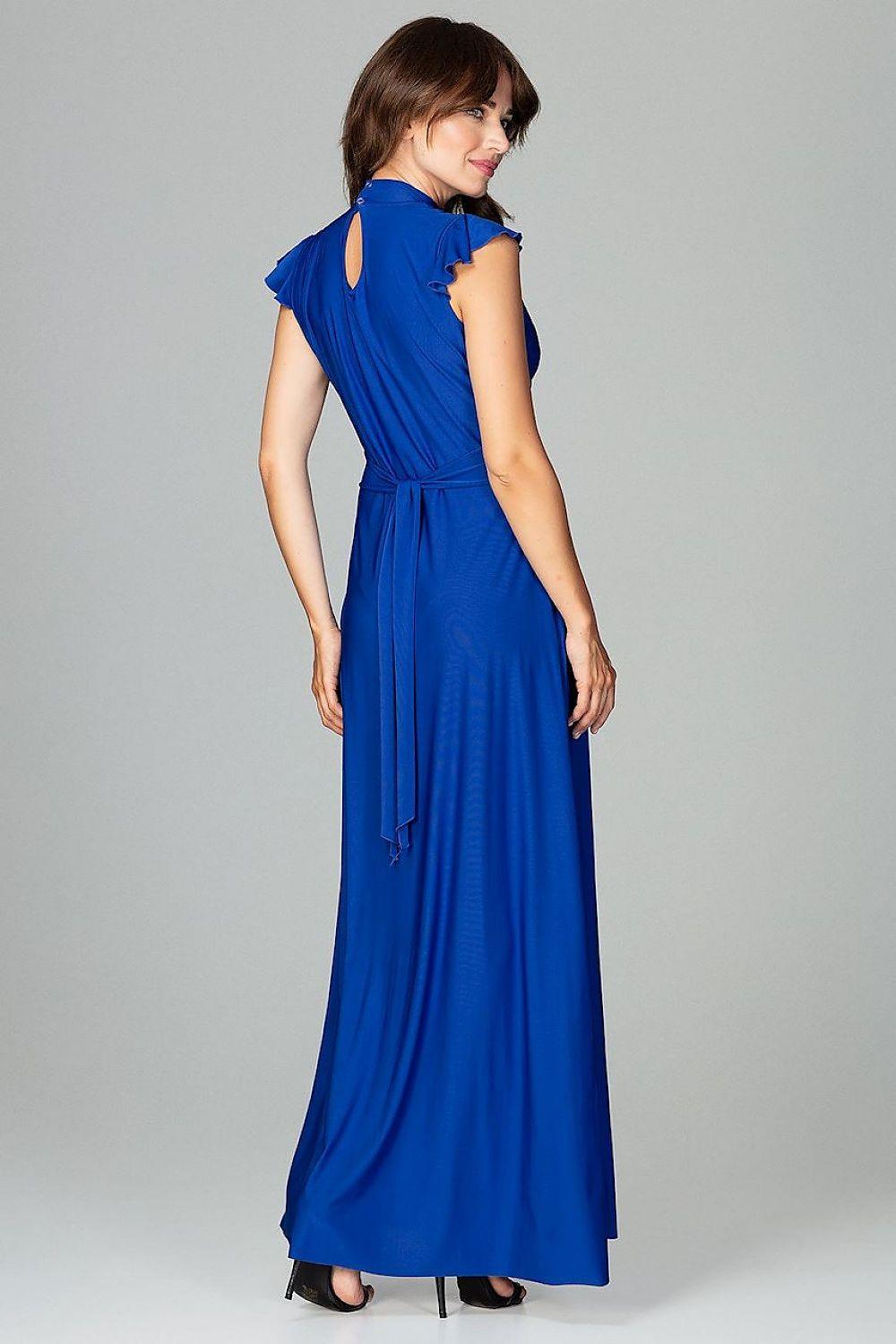 Blue sleeveless cocktail dress, side back view, with open back keyhole detail