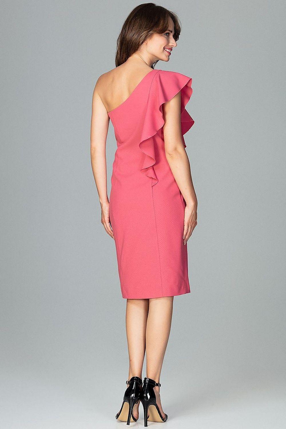 Lenitif cocktail dress in pink with open-back style and side ruffle detail, fitted midi