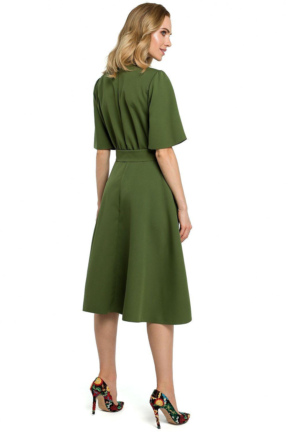 Green daydress back view with short sleeves and tied waist, A-line midi skirt