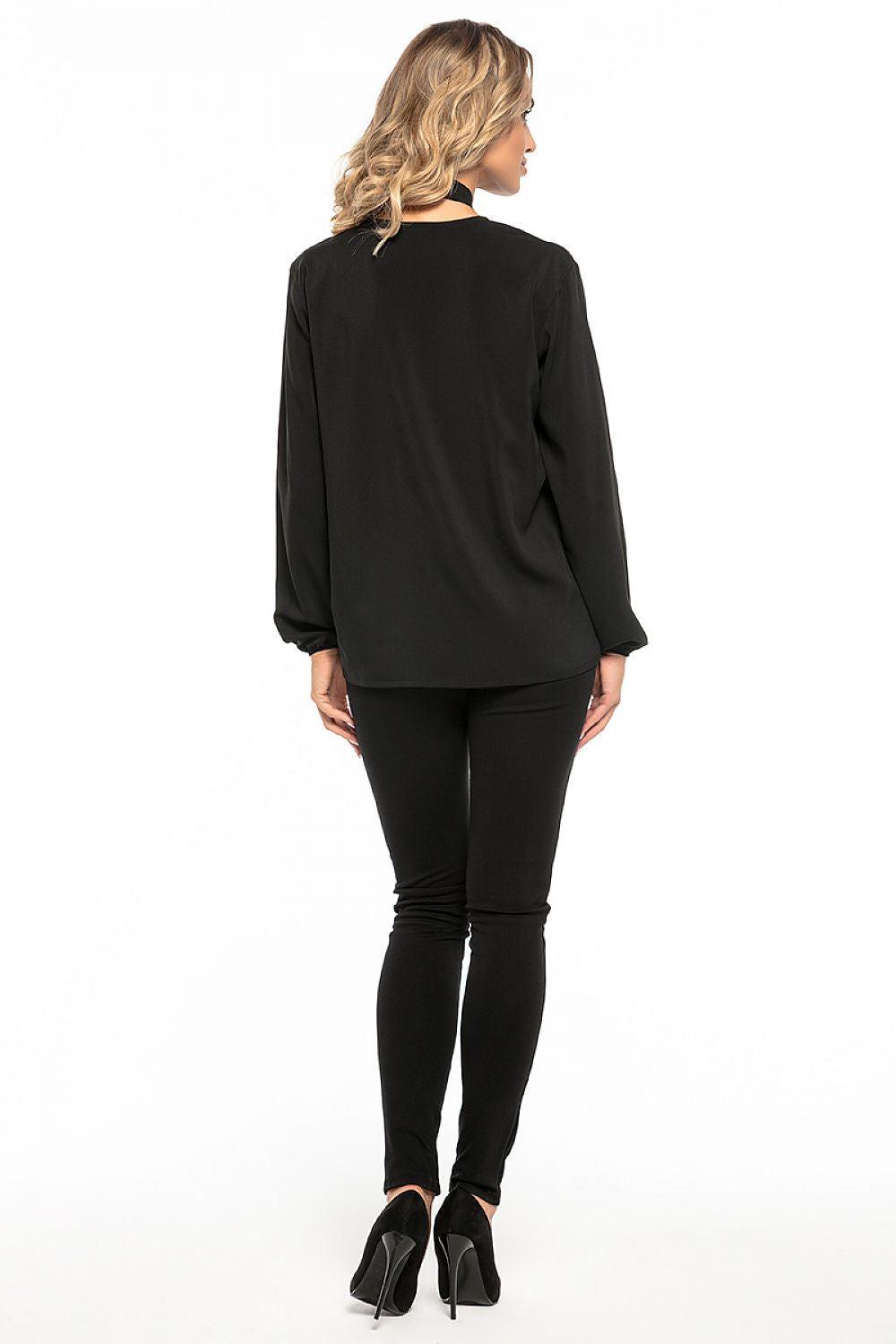 Black long-sleeve blouse with rounded back and asymmetrical hem