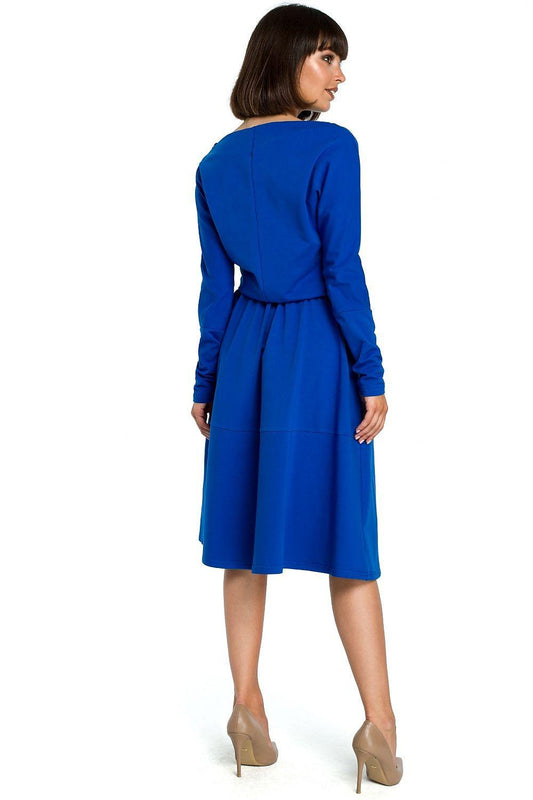 Blue long-sleeve daydress, back view, gathered waist and midi skirt