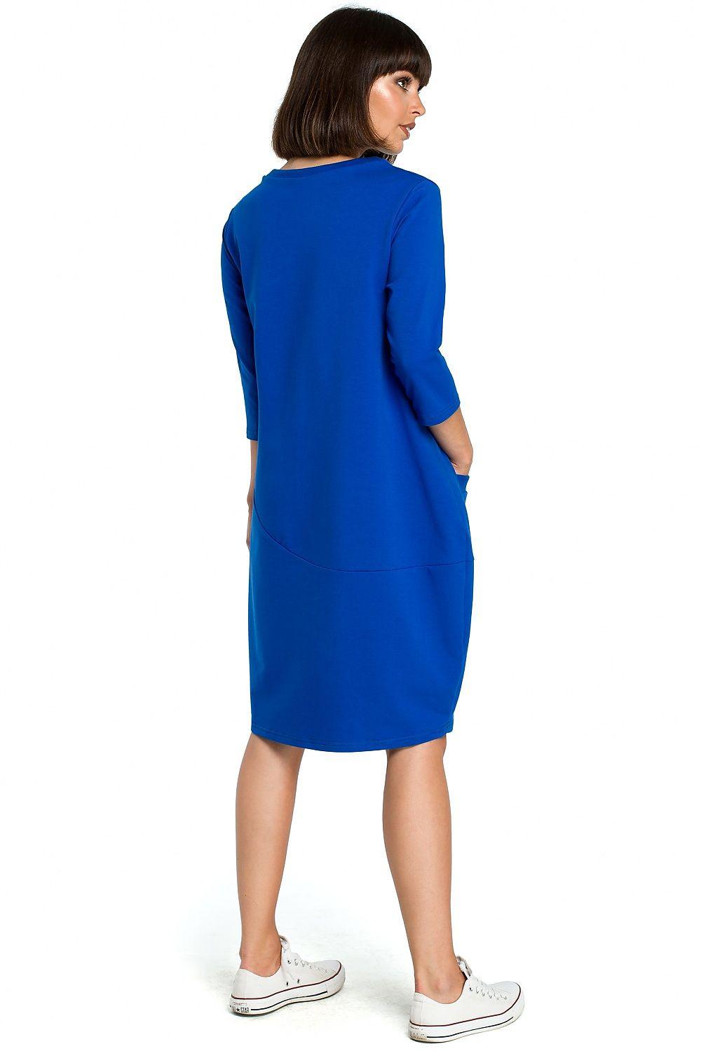 BeWear daydress, blue, 3/4 sleeves, round neck, knee-length, back view