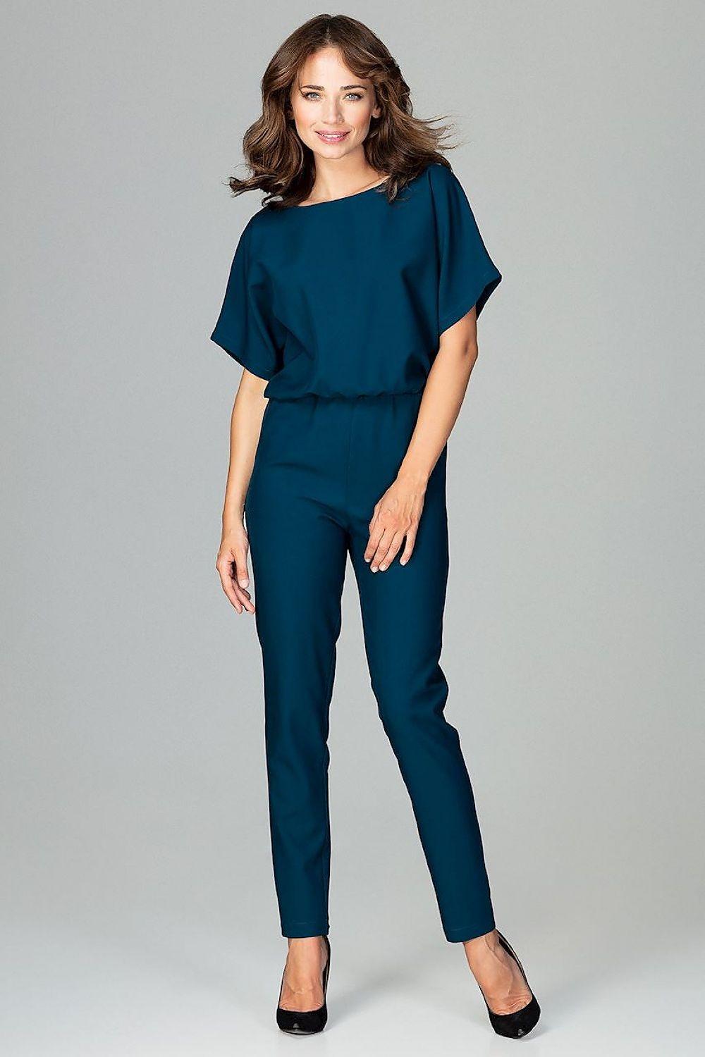 Lenitif teal women's suit with short-sleeve crew-neck top and slim ankle pants