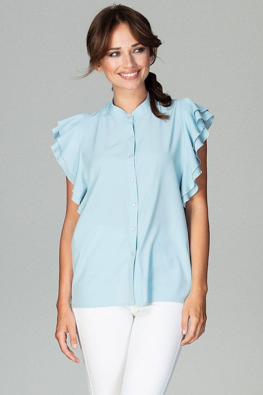 Lenitif light-blue button-up shirt with ruffled cap sleeves and pointed collar