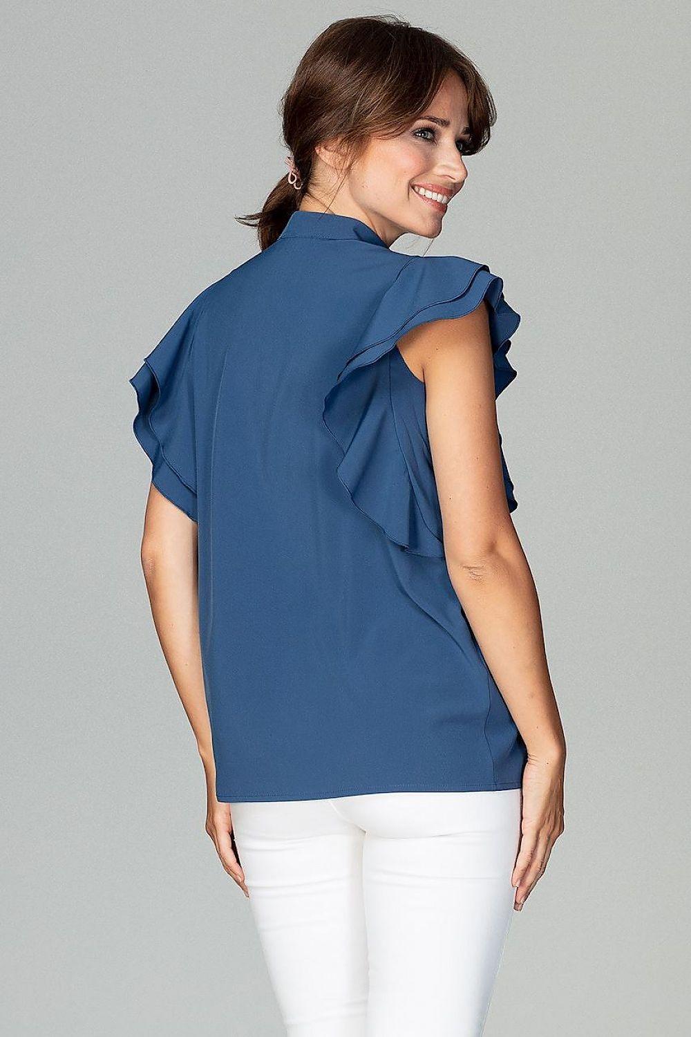 Lenitif blue shirt with draped ruffle shoulder detail and high collar