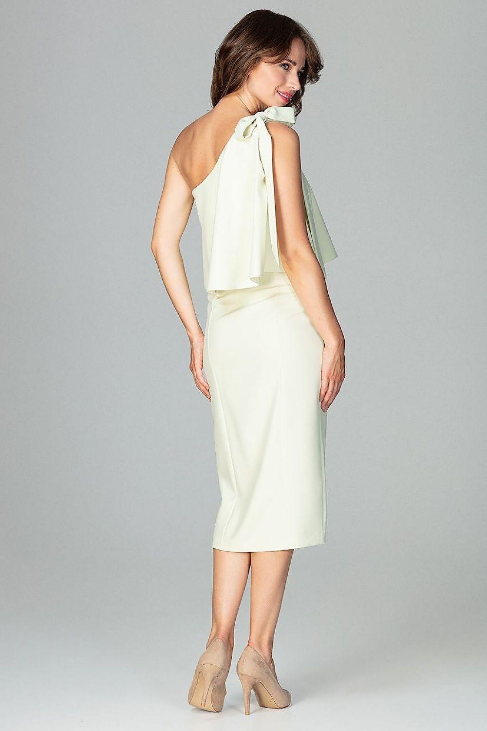 Cream cocktail dress viewed from back with one-shoulder ruffle and pencil midi skirt