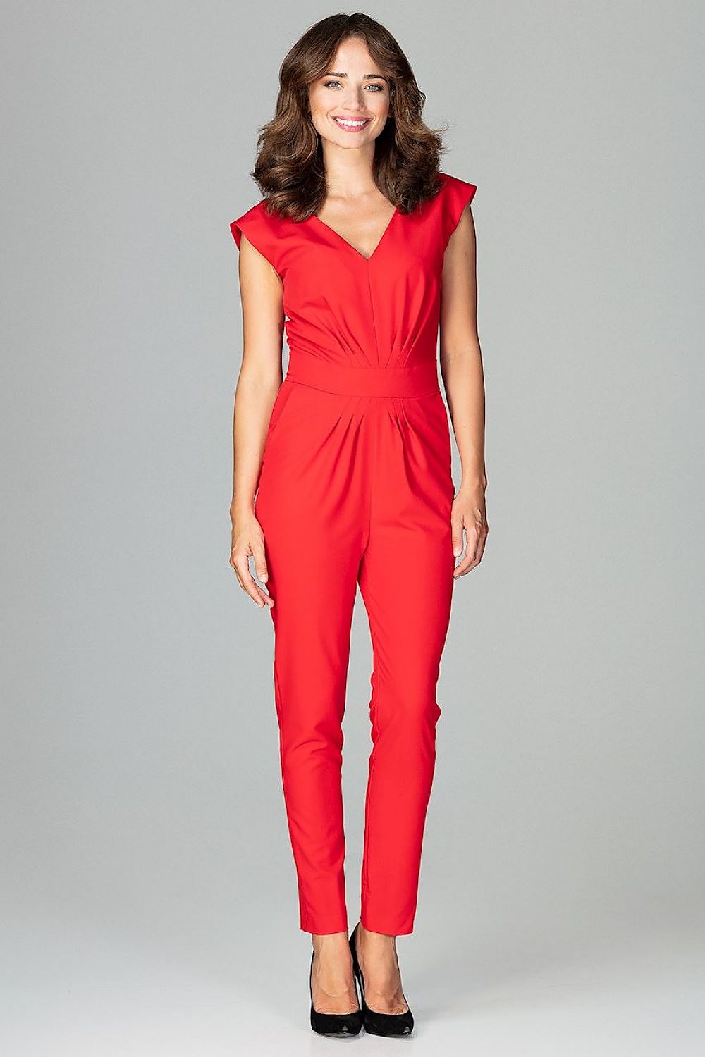 Red V-neck cap-sleeve jumpsuit with fitted waist and tapered legs