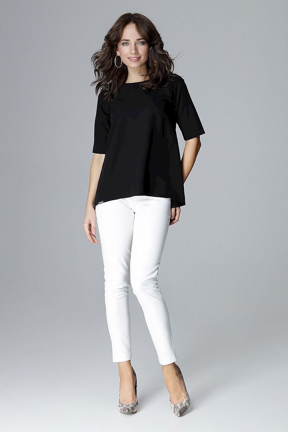 Black loose-fit blouse with short sleeves and a round neckline