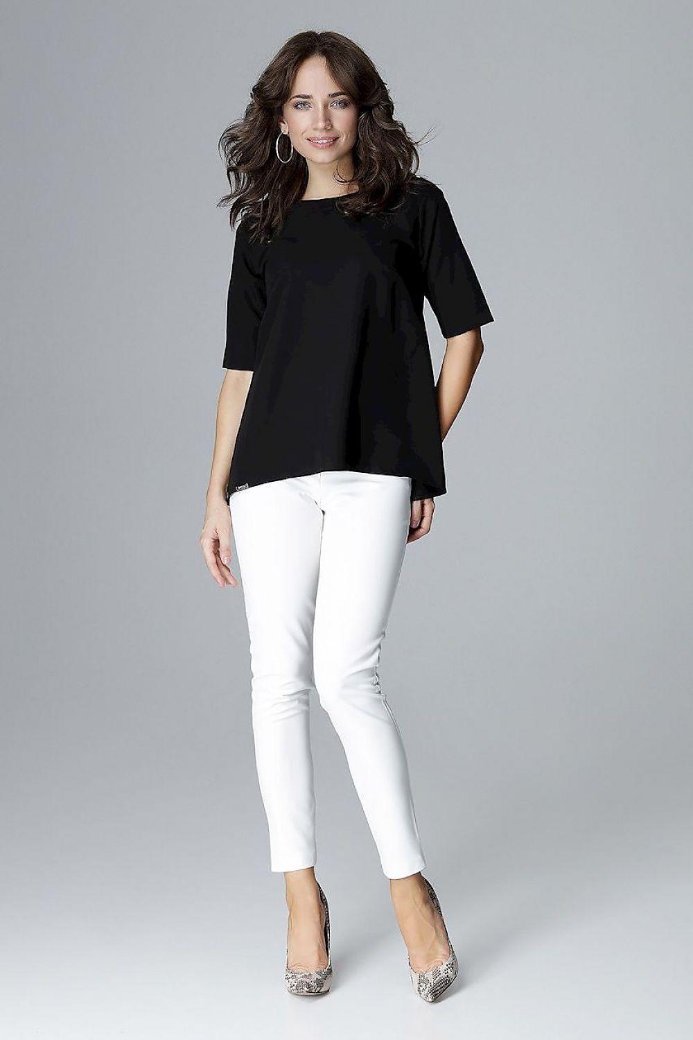 Loose-fit black blouse with rounded neckline and short sleeves, curved longer hem