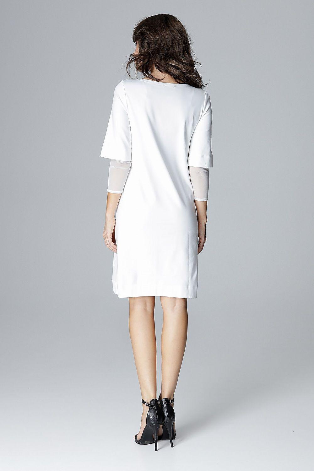 White cocktail dress back view with short sleeves and straight hem