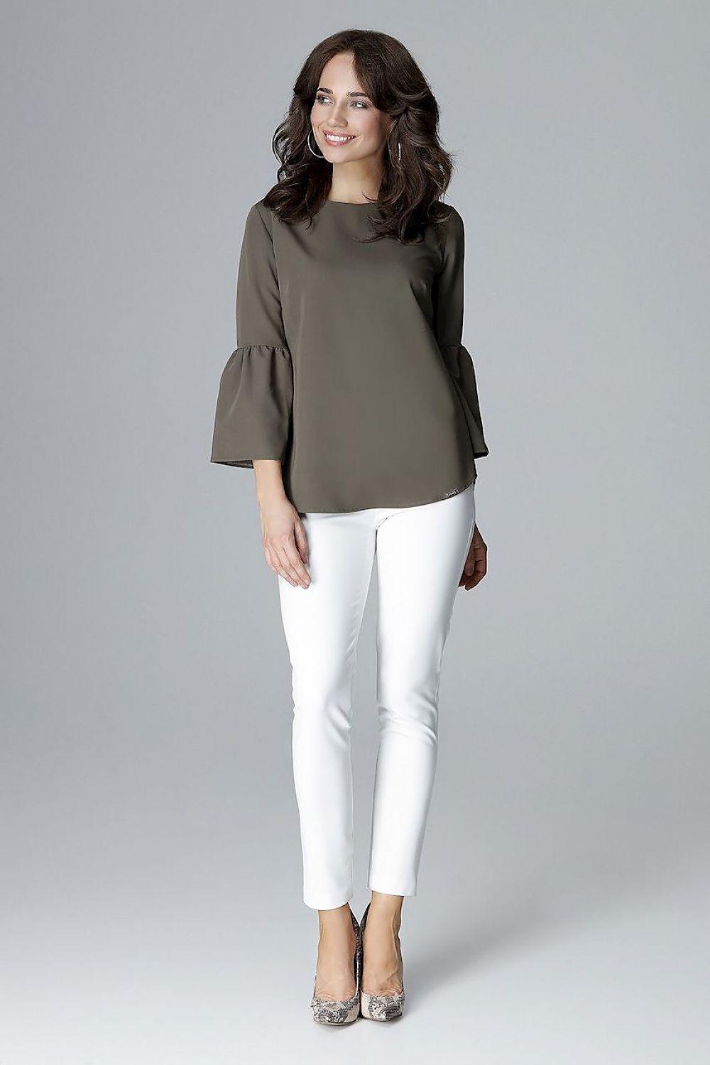Olive blouse with round neckline and flared 3/4 sleeves