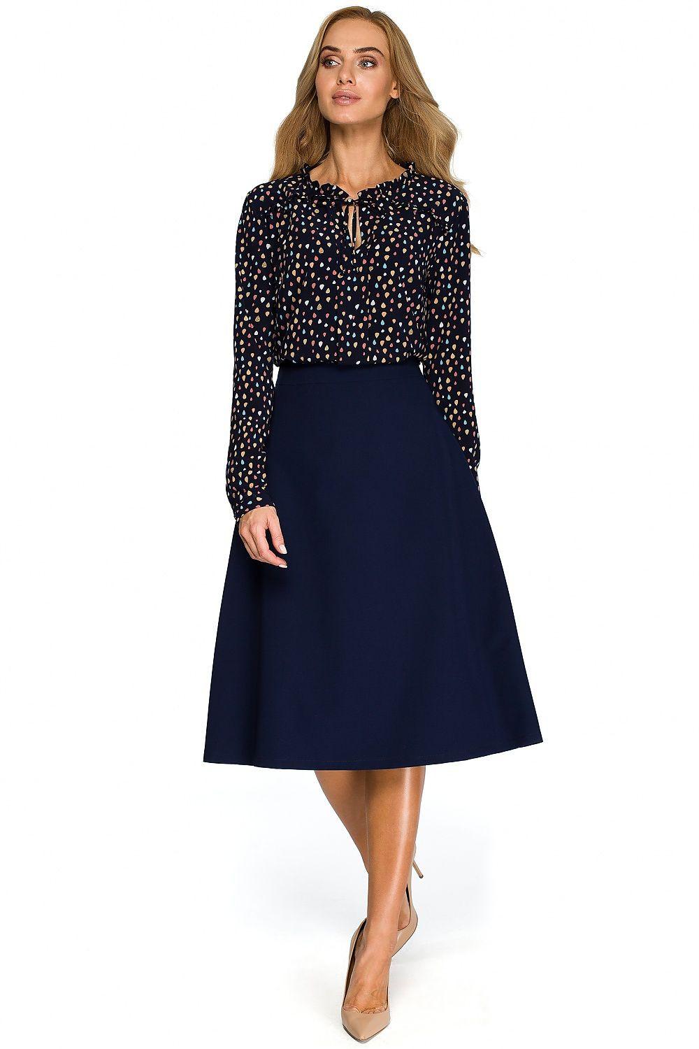 Navy blue A-line midi skirt with smooth waistband and gentle flare