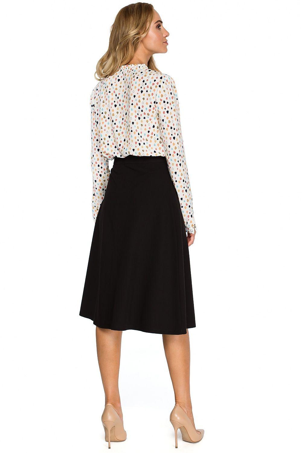 Black midi A-line skirt, back view with smooth waistband