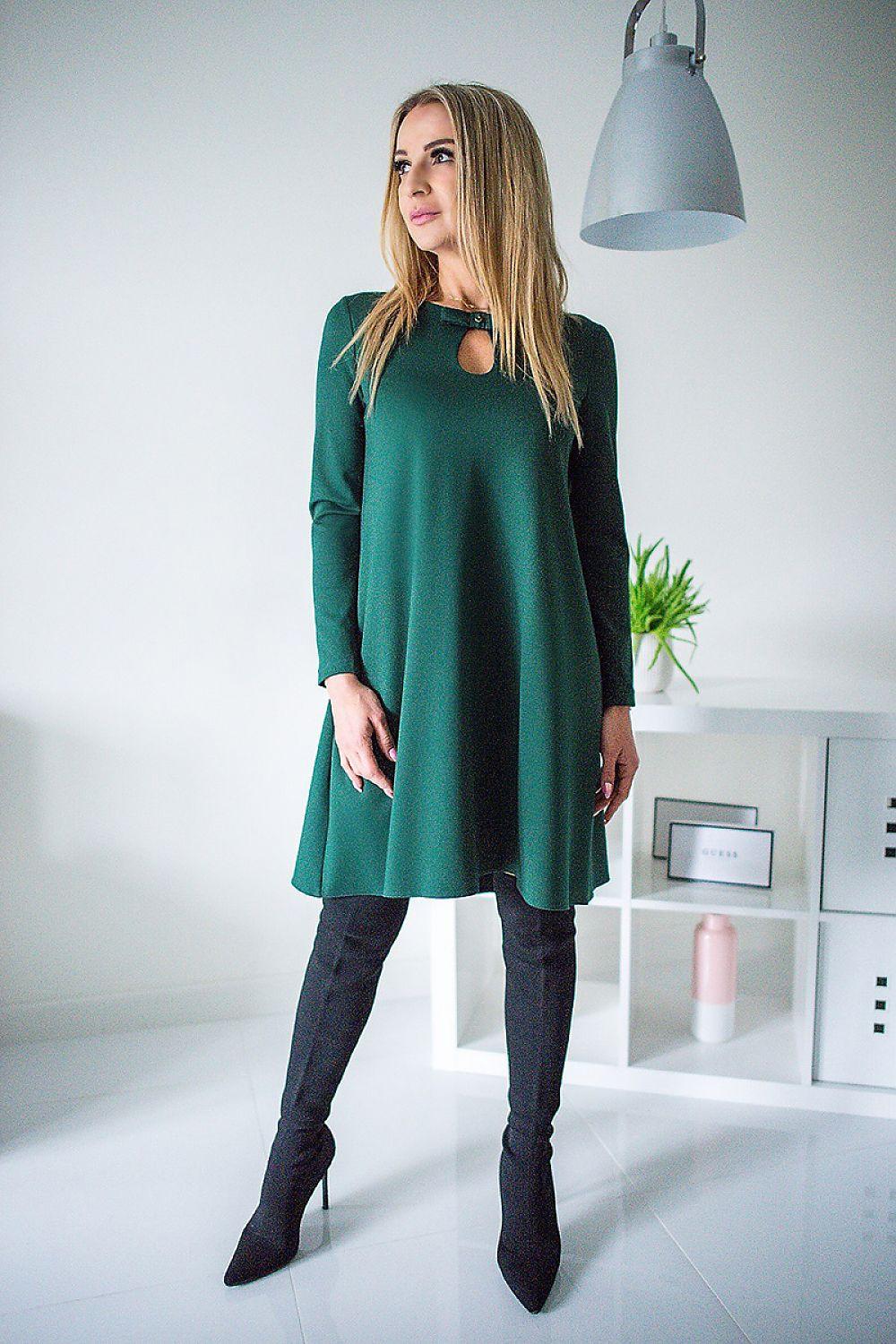 Green long-sleeve A-line daydress with keyhole cutout at chest