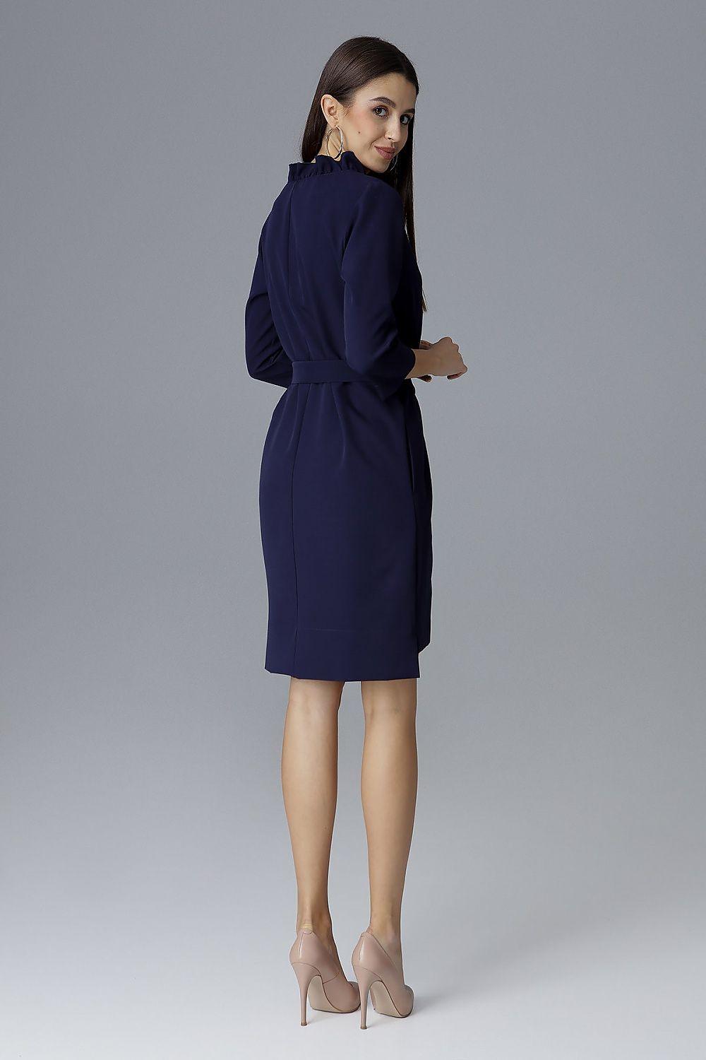 Navy blue cocktail dress, back view with 3/4 sleeves and tied waist belt