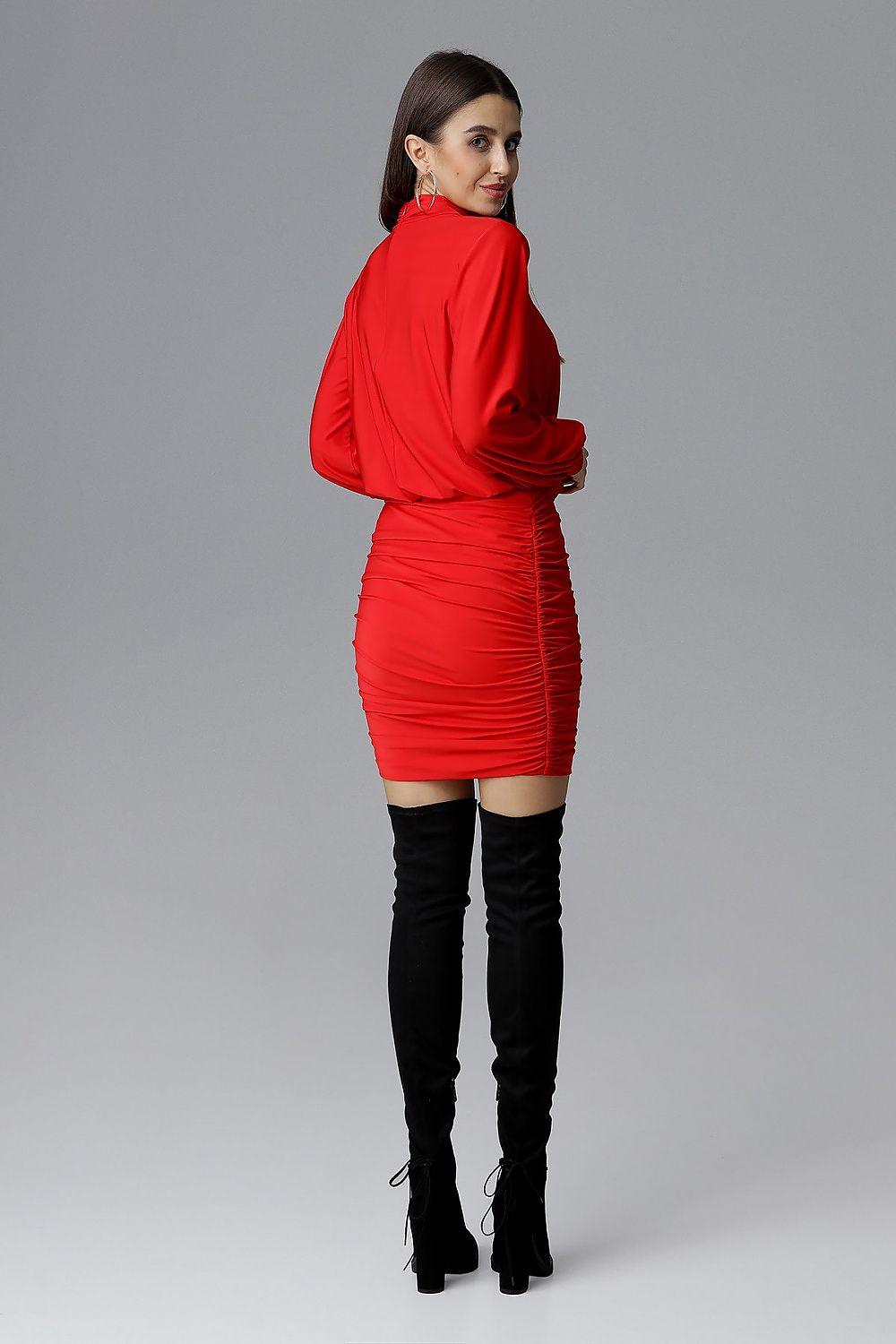 Red cocktail dress with high neckline, long sleeves, ruched fitted mini skirt