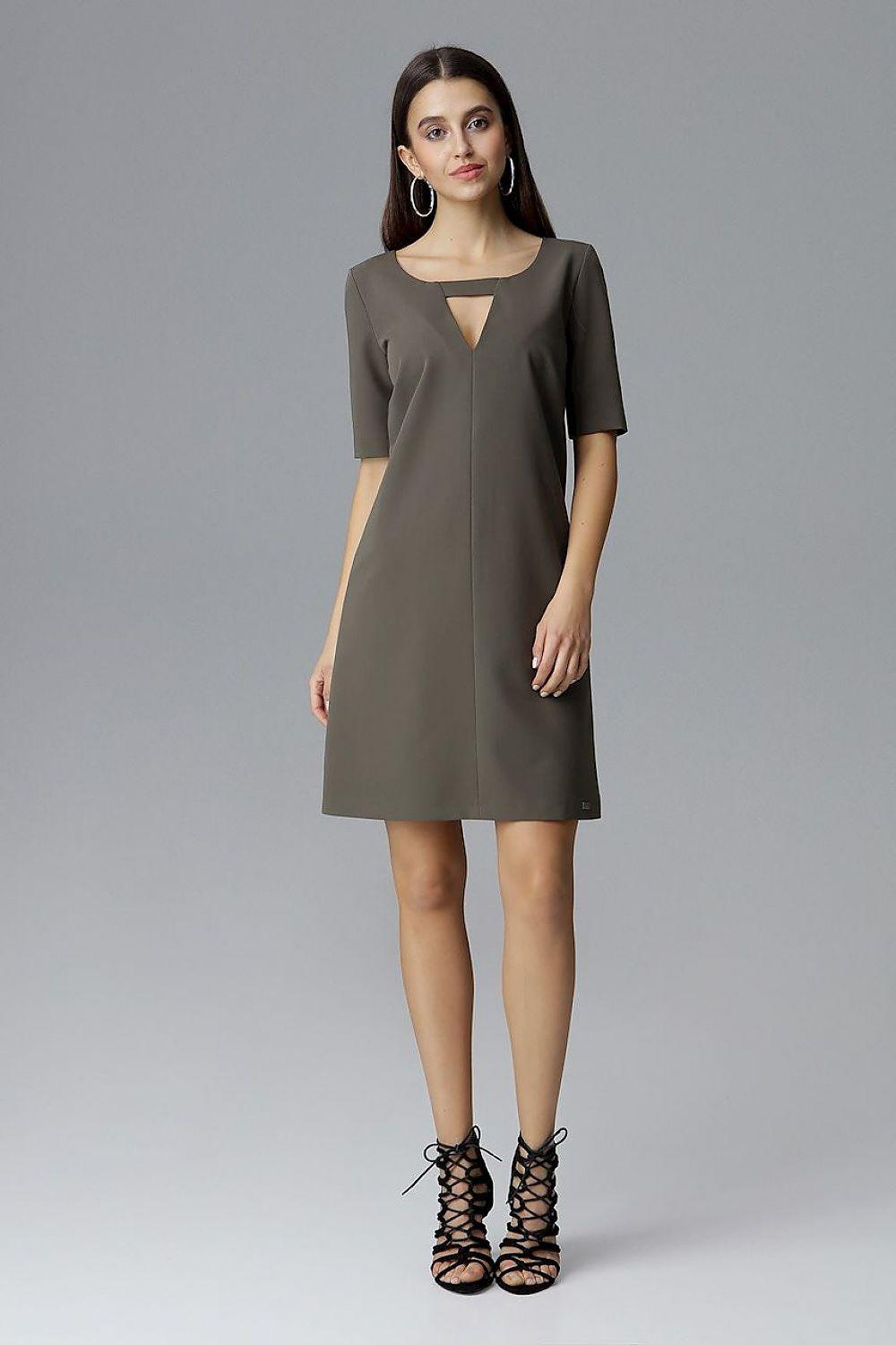Figl day dress, dark olive, front view, square neckline with small cutout