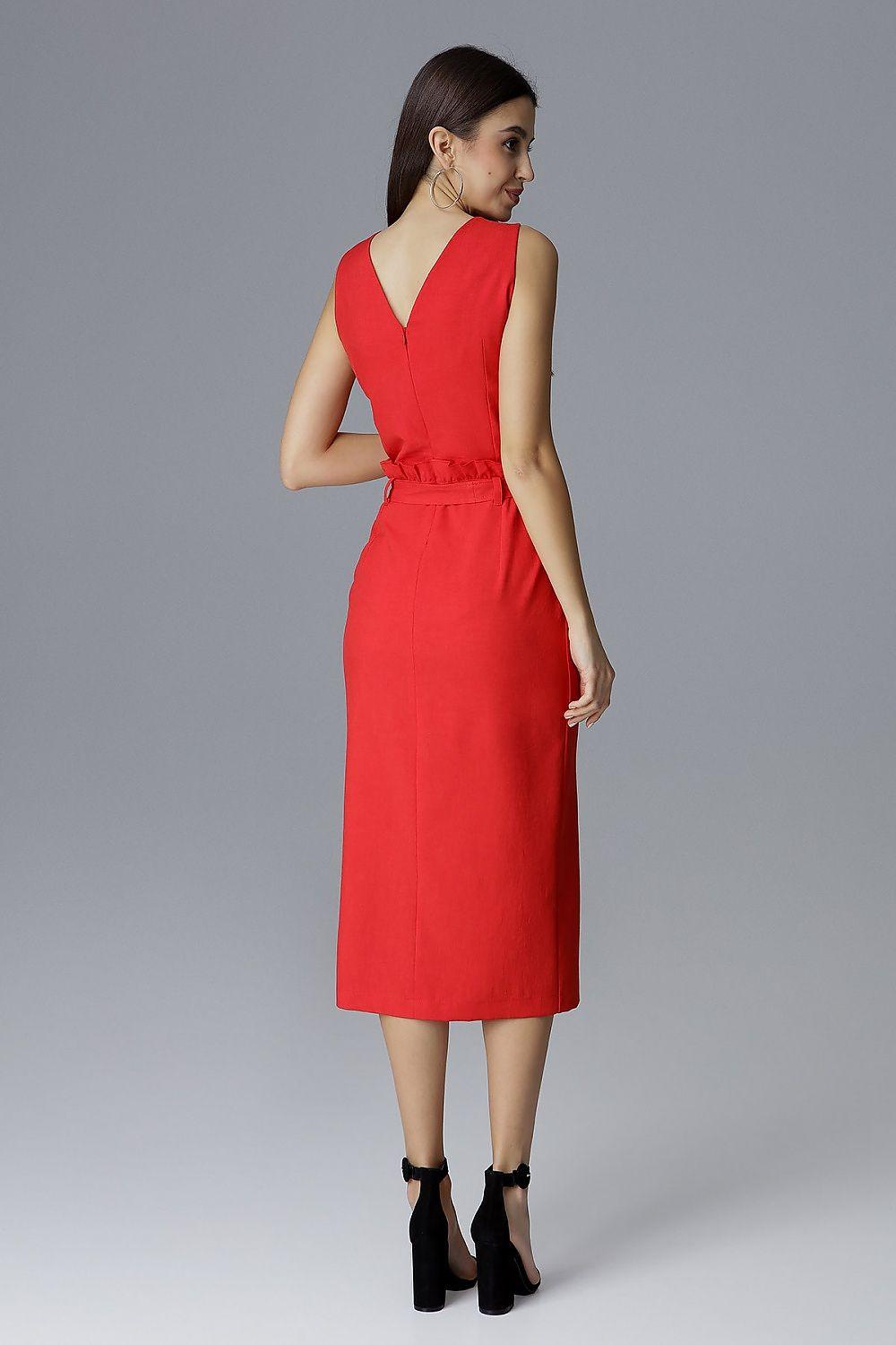 Red sleeveless V-neck cocktail dress with tie waist and front slit, side view, midi length