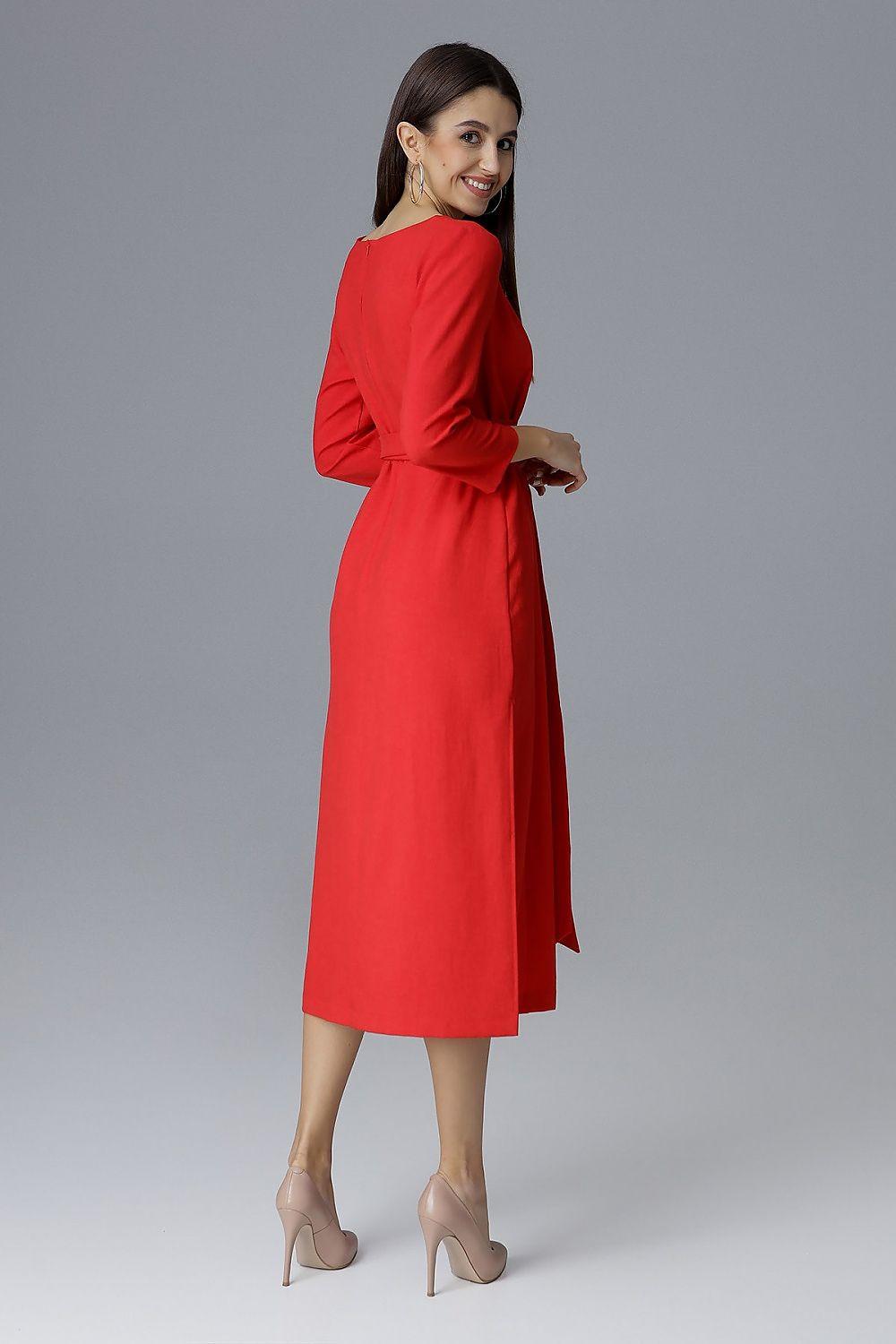 Red cocktail dress with long sleeves and midi hem, side slit detail