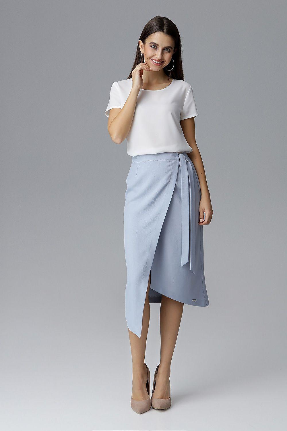 Light blue asymmetrical wrap skirt with waist tie