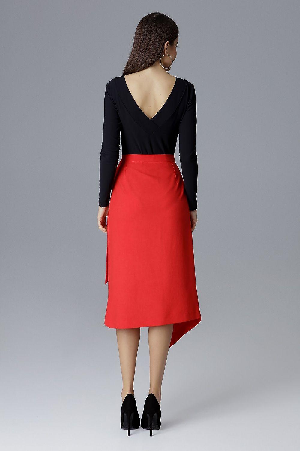 Back view red wrap midi skirt with draped overlay and angled asymmetric hem.